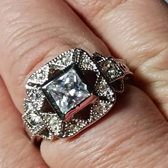 Vintage Retro Art Deco Silver Filigree and CZ Ring Size 10 - Picture 9 of 15